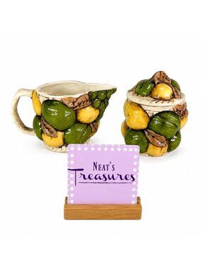 1972 Signed MAJLICA FRUIT Pears Grapes Ceramic Lidded Sugar Bowl & Creamer Set